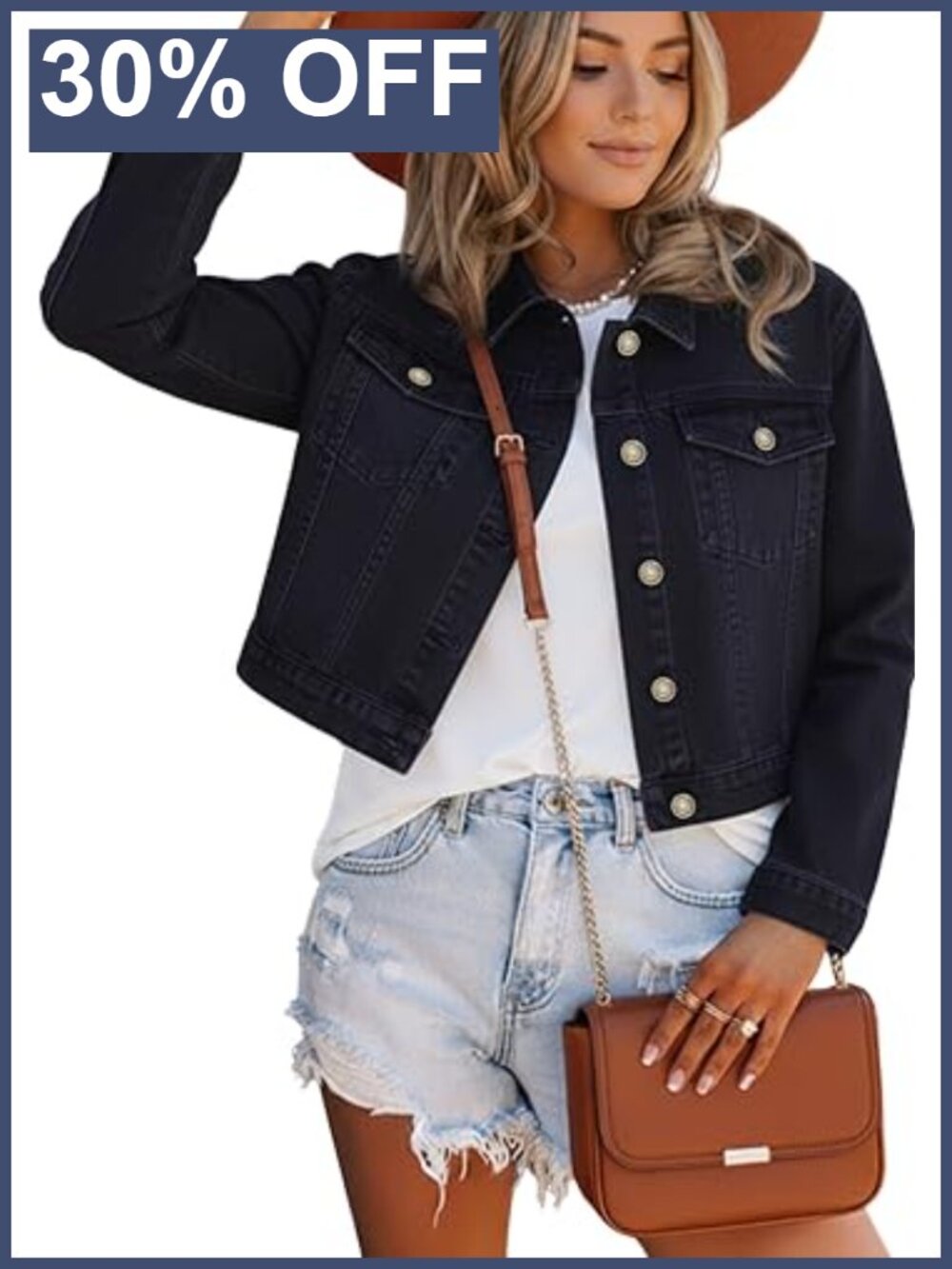 Cropped Denim Jean Jacket Lightweight Button-Up Stretch Women's Casual